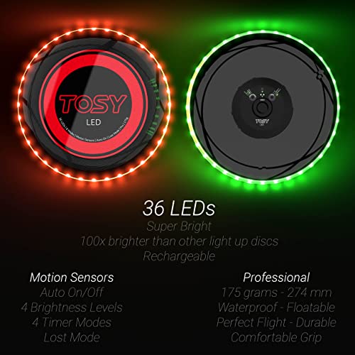 TOSY Flying Disc - 16 Million Color RGB or 36 or 360 LEDs, Extremely Bright, Smart Modes, Auto Light Up, Rechargeable, Perfect Birthday & Camping Gift for Men/Boys/Teens/Kids, 175g frisbees