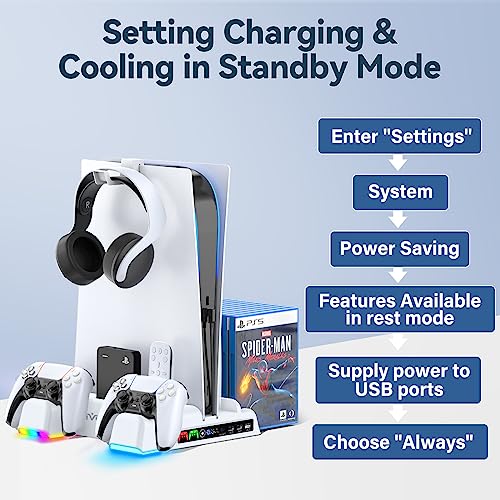 PS5 Stand and Cooling Station with RGB LED Controller Charging Station for Playstation 5 Console, 2H Fast PS5 Controller Charger, PS5 Accessories with 3 Levels Cooling Fan, Headset Holder, 3 USB Hub