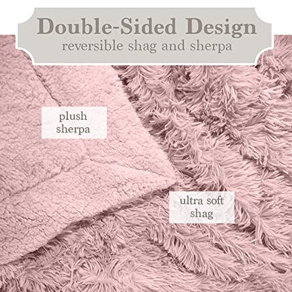 The Connecticut Home Company Throw Blanket, Soft Plush Reversible Shag and Sherpa, Warm Thick Throws for Bed, Comfy Washable Bedding Accent Blankets for Sofa Couch Chair, 65x50, Dusty Rose