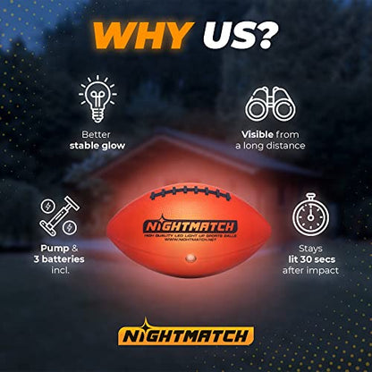 NIGHTMATCH Glow in The Dark Football - Ultra Bright Waterproof LED Light Up Football - Pump & Batteries incl. - Official Size 6 LED Football for Indoor & Outdoor - Ideal Gift for Kids, Youth & Adults