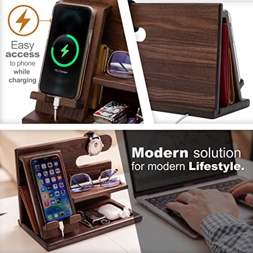 TESLYAR Wood Phone Docking Station Ash Key Holder Wallet Stand Watch Organizer Men Gift Husband Wife Anniversary Dad Birthday Nightstand Purse Father Graduation Male Travel Idea Gadgets… (Deep Brown)