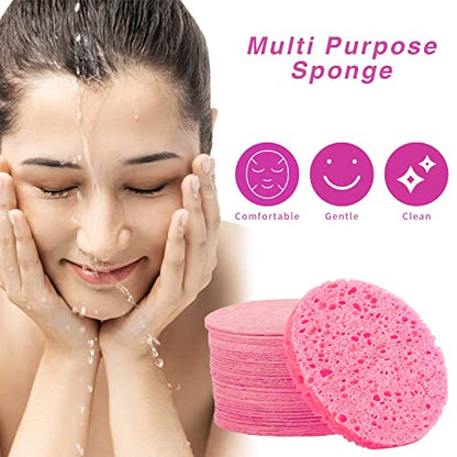 GAINWELL 50-Count Compressed Facial Sponges for Daily Facial Cleansing and Exfoliating, 100％ Natural Cosmetic Spa Sponges for Makeup Remover, Reusable, Pink