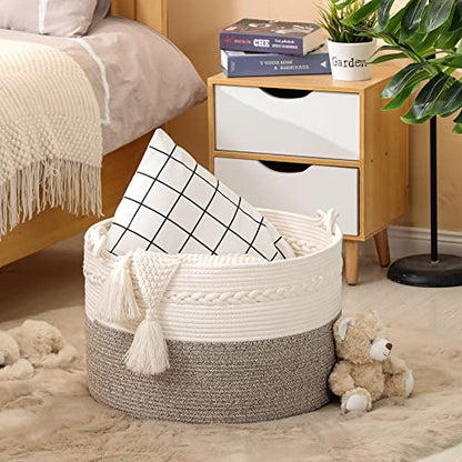 KAKAMAY Large Blanket Basket (20"x13"),Woven Baskets for storage Baby Laundry Hamper, Cotton Rope Blanket Basket for Living Room, Laundry, Nursery, Pillows, Baby Toy chest (White/Beige)