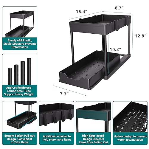 DEKAVA Under Sink Organizer 2 Pack, Bathroom Cabinet Organizer, 2 Tier Sliding Cabinet Basket Organizer Drawer, Multi-Purpose Bath Collection Baskets for Bathroom (Black)