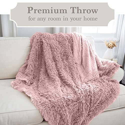 The Connecticut Home Company Throw Blanket, Soft Plush Reversible Shag and Sherpa, Warm Thick Throws for Bed, Comfy Washable Bedding Accent Blankets for Sofa Couch Chair, 65x50, Dusty Rose