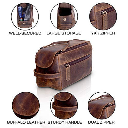 KOMALC Premium Buffalo Leather Unisex Toiletry Bag Travel Dopp Kit