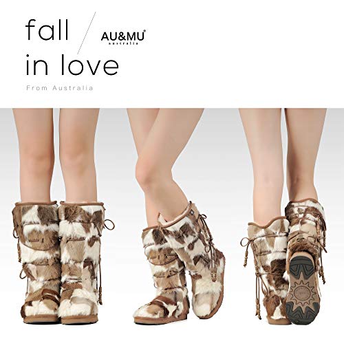 AUMU Women Tradional Wooden Bead String Sheepskin Fur Shearling Stylish Knee High Winter Snow Boots Chestnut Size 11