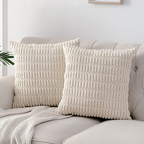 Fancy Homi 2 Packs Boho Decorative Throw Pillow Covers 18x18 Inch for Living Room Couch Bed Sofa, Rustic Modern Farmhouse Home Decor, Soft Corduroy Cream Square Cushion Case 45x45 cm