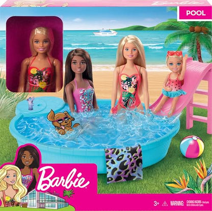 Barbie Doll and Pool Playset with Pink Slide, Beverage Accessories and Towel, Blonde Doll in Tropical Swimsuit