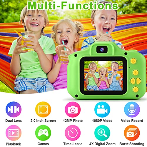 GKTZ Kids Digital Camera, Upgrade Selfie Camera 12MP Toddler Camera Children Video Camcorder, Birthday Gifts for Boys and Girls Age 3 4 5 6 7 8 9 with 32GB SD Card - Green