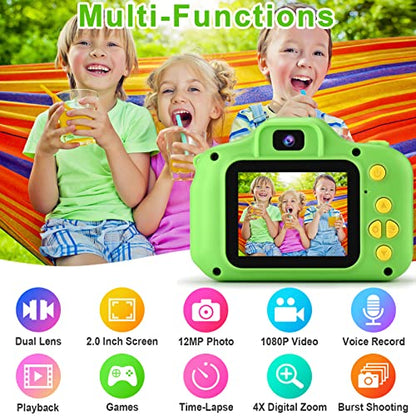 GKTZ Kids Digital Camera, Upgrade Selfie Camera 12MP Toddler Camera Children Video Camcorder, Birthday Gifts for Boys and Girls Age 3 4 5 6 7 8 9 with 32GB SD Card - Green