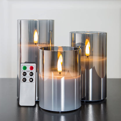 Eywamage Grey Glass Flameless Candles with Remote Battery Operated Flickering LED Pillar Candles Real Wax Wick Φ 3" H 4" 5" 6"