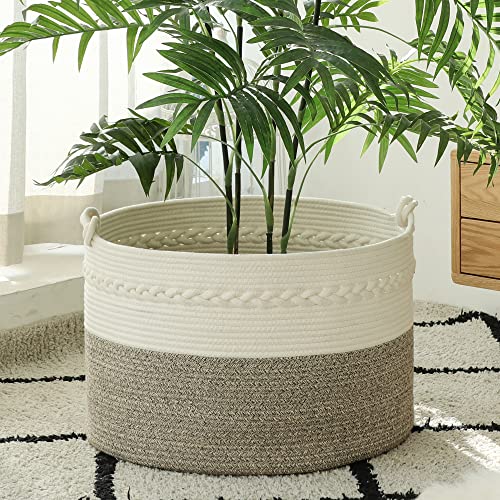 KAKAMAY Large Blanket Basket (20"x13"),Woven Baskets for storage Baby Laundry Hamper, Cotton Rope Blanket Basket for Living Room, Laundry, Nursery, Pillows, Baby Toy chest (White/Beige)