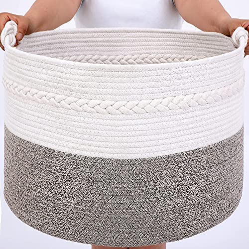 KAKAMAY Large Blanket Basket (20"x13"),Woven Baskets for storage Baby Laundry Hamper, Cotton Rope Blanket Basket for Living Room, Laundry, Nursery, Pillows, Baby Toy chest (White/Beige)