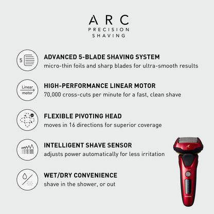 Panasonic ARC5 Electric Razor for Men with Pop-up Trimmer, Wet Dry 5-Blade Electric Shaver with Intelligent Shave Sensor and 16D Flexible Pivoting Head - ES-ALV6HR (Red)