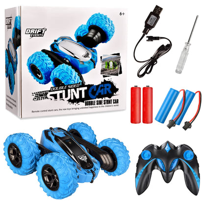 KKONES Remote Control car,2.4GHz Electric Race Stunt Car,Double Sided 360° Rolling Rotating Rotation, LED Headlights RC 4WD High Speed Off Road for 3 4 5 6 7 8-12 Year Old Boy Toys (Blue)