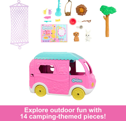 Barbie Camper, Chelsea 2-in-1 Playset with Small Doll, 2 Pets & 15 Accessories, Vehicle Transforms into Camp Site (Amazon Exclusive)