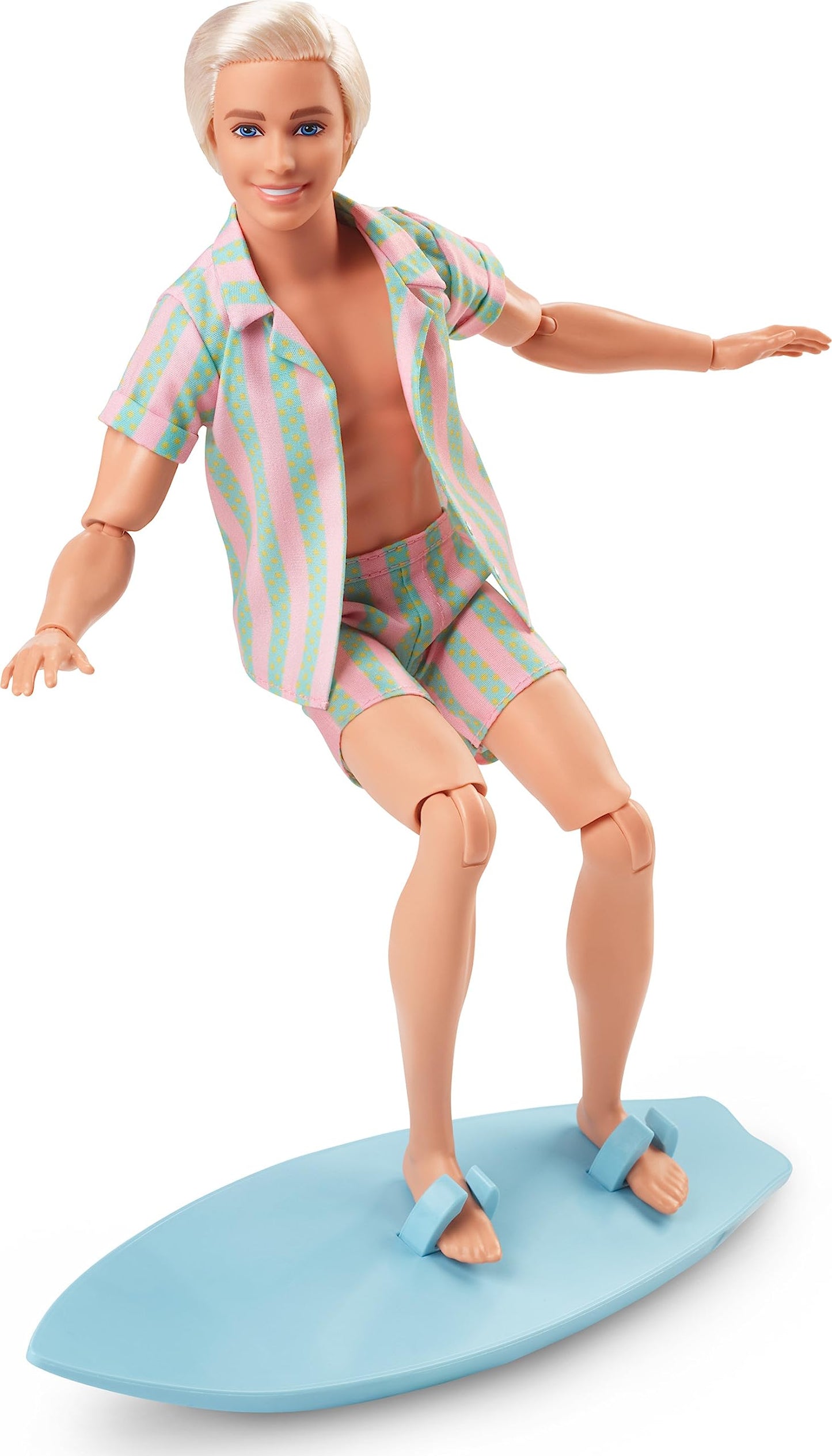 Barbie The Movie Ken Doll Wearing Pastel Pink and Green Striped Beach Matching Set with Surfboard and White Sneakers