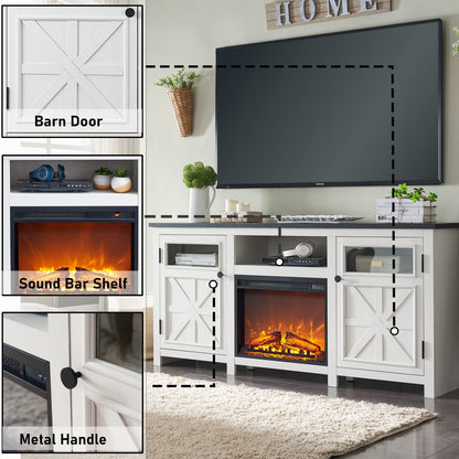 JXQTLINGMU Fireplace TV Stand for 80 Inch TV, Farmhouse Highboy Entertainment Center w/23'' Electric Fireplace & Cross Barn Door, Large TV Console for TVs Up to 80", 70 inches, White