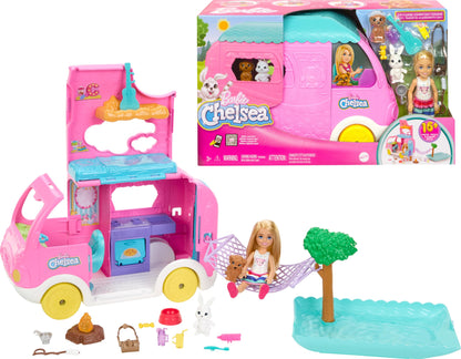 Barbie Camper, Chelsea 2-in-1 Playset with Small Doll, 2 Pets & 15 Accessories, Vehicle Transforms into Camp Site (Amazon Exclusive)