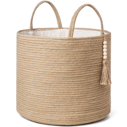 Mkono Woven Storage Basket Decorative Rope Basket Wooden Bead Decoration for Blankets,Toys,Clothes,Shoes,Plant Organizer Bin with Handles Living Room Home Decor, Jute, 16" W × 13.8"L