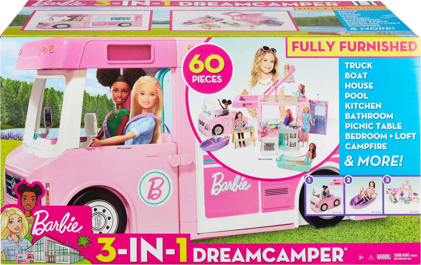 Barbie Camper, Doll Playset with 50 Accessories, Transforms into Truck, Boat & House, Includes Pool, 3-in-1 Dream Camper (Amazon Exclusive)