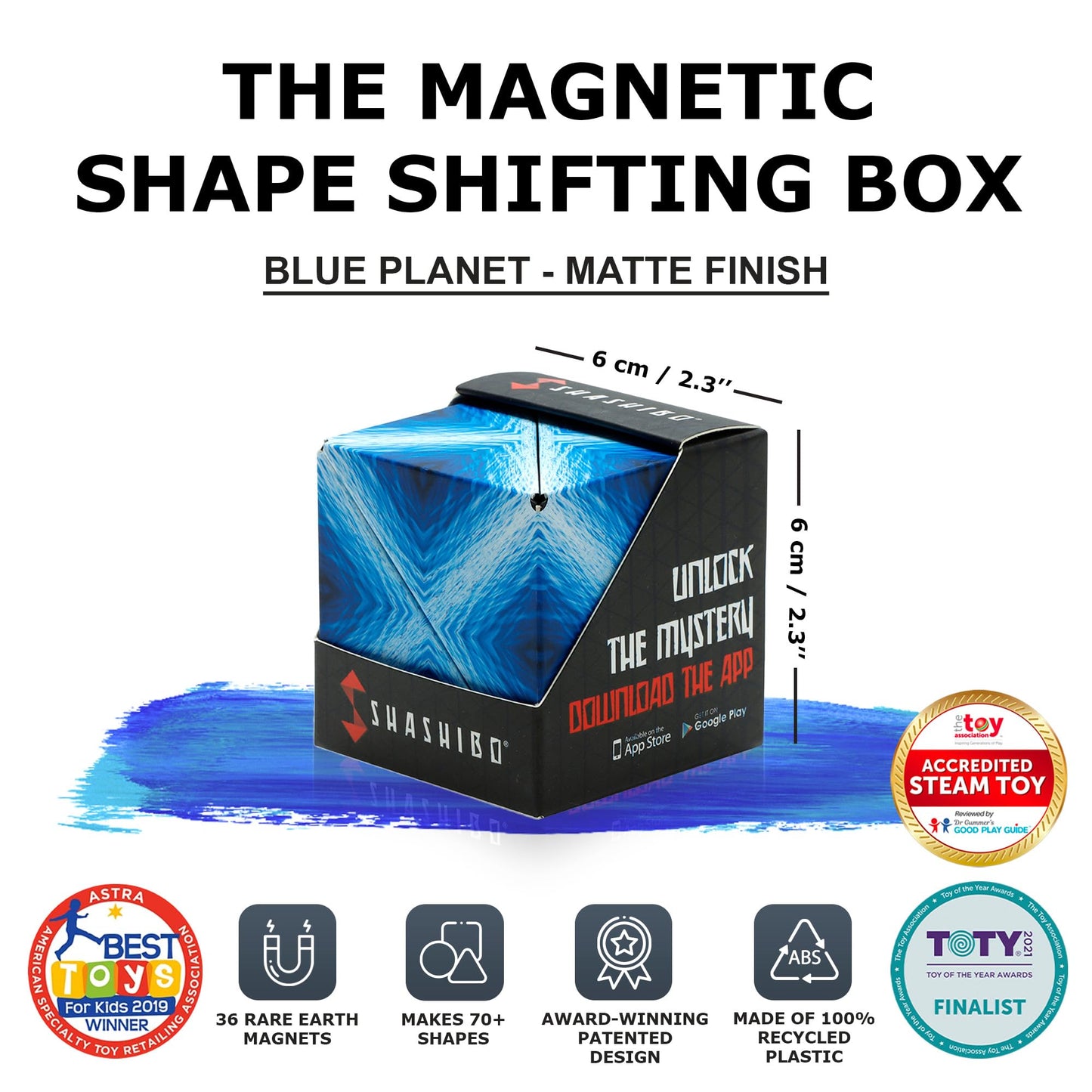 SHASHIBO Shape Shifting Box - Award-Winning, Patented Fidget Cube w/ 36 Rare Earth Magnets - Transforms Into Over 70 Shapes, Download Fun in Motion Toys Mobile App (Original Series - Blue Planet)