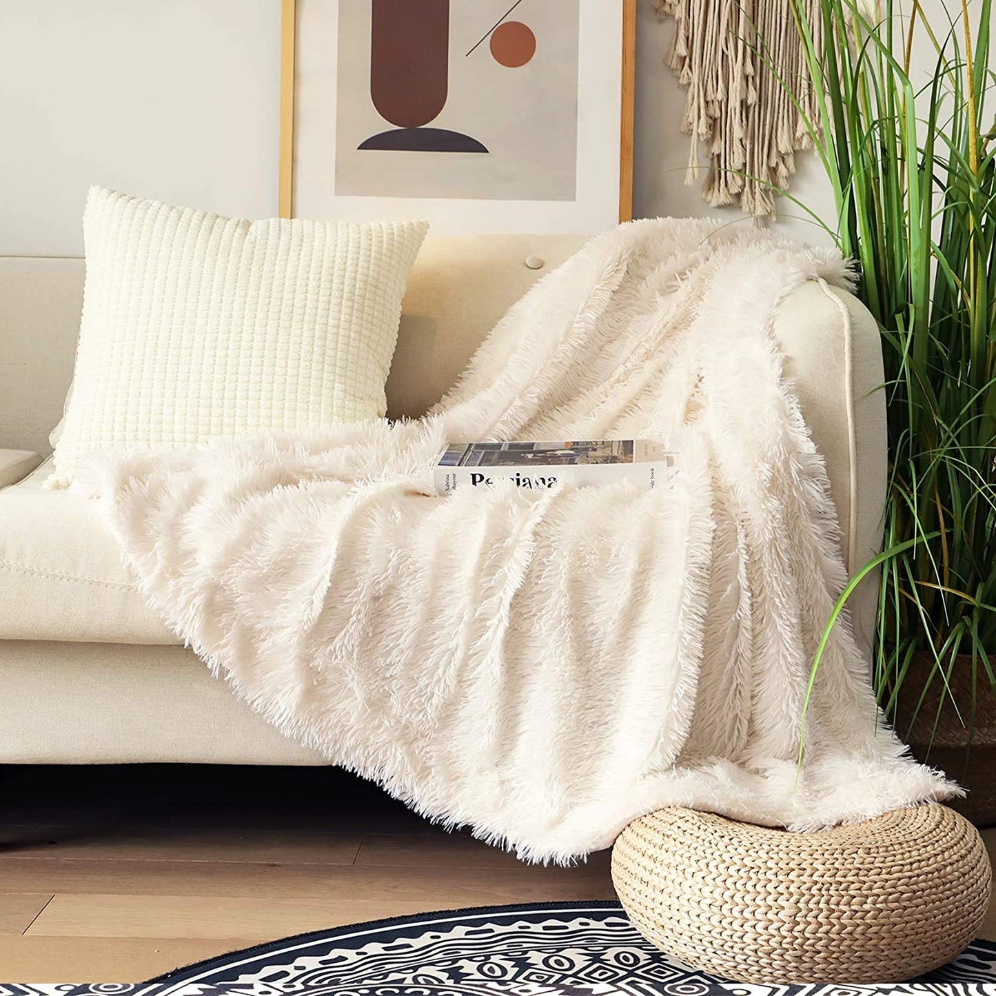 Tuddrom Decorative Extra Soft Fuzzy Faux Fur Throw Blanket 50" x 60",Solid Reversible Long Hair Shaggy Blanket,Fluffy Cozy Plush Comfy Microfiber Fleece Blankets for Couch Sofa Bedroom,Cream White