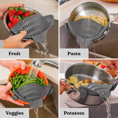 Gizmo Snap N Strain Pot & Pasta Strainer - Adjustable Silicone Clip On Strainer for Pots, Pans, & Bowls- Kitchen Gadgets, Noodle, Food, Gifts for Women, Gray